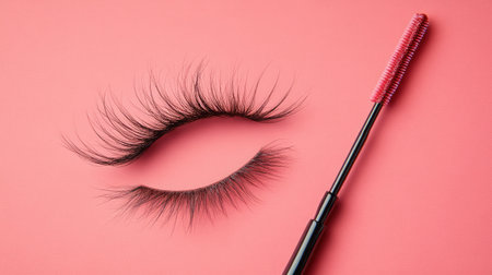 A stunning close-up of elegant false eyelashes paired with a vibrant mascara wand, set against a soft pink background, perfect for beauty marketing and cosmetic promotions.の素材