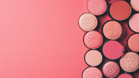An eye-catching arrangement of various blush powders in round containers, displayed on a soft pink backdrop, perfect for beauty and makeup-related projects or marketing materials.の素材
