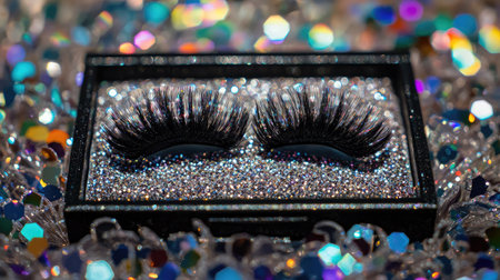 A mesmerizing close-up of glamorous false eyelashes resting on a sparkling surface, surrounded by vibrant bokeh, perfect for beauty and makeup inspirations.の素材