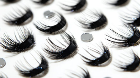 A visually appealing arrangement of various black false eyelashes on a simple background, perfect for use in beauty marketing or cosmetic product displays.の素材