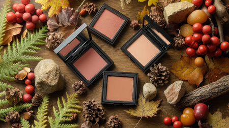 An elegant display of blush cosmetics surrounded by autumn elements like leaves and berries, perfect for beauty and lifestyle themes in marketing and editorial projects.の素材