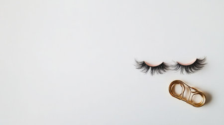 Elegant false eyelashes paired with a golden clip set against a minimalist background, perfect for beauty and makeup lovers who appreciate glamour and style.の素材