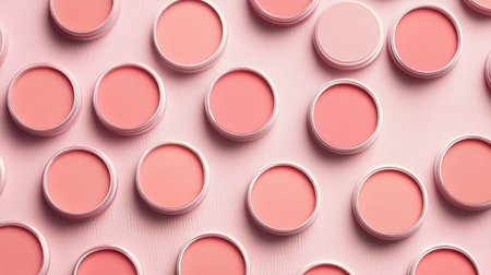 A visually appealing arrangement of soft pink cream blushes in round containers showcases a perfect blend of beauty and aesthetics, ideal for makeup lovers and beauty enthusiasts.の素材