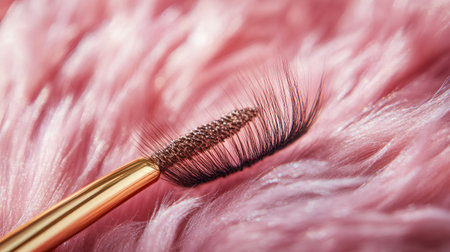 A stunning close-up of a golden makeup brush with false eyelashes resting on a soft pink fur background, exemplifying elegance and beauty in cosmetic artistry.の素材