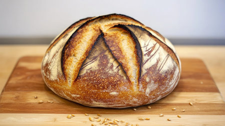 A beautifully crafted artisanal bread loaf, perfectly baked with a crispy crust and elegant scoring, placed on a wooden board ideal for culinary displays and food photography.の素材