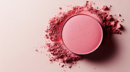 A circular container filled with soft pink powder rests atop loose powder on a light pastel backdrop, perfect for beauty and makeup themes in creative projects.の素材