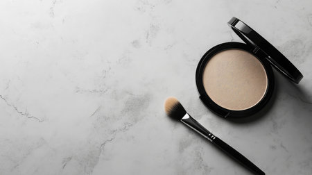 A sophisticated powder compact with a smooth surface alongside a makeup brush on marble, showcasing beauty essentials in a serene and elegant arrangement.の素材