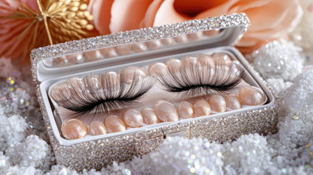 Discover the perfect touch for your beauty routine with these luxurious false eyelashes in a sparkling case, beautifully displayed with elegant decorative elements.の素材