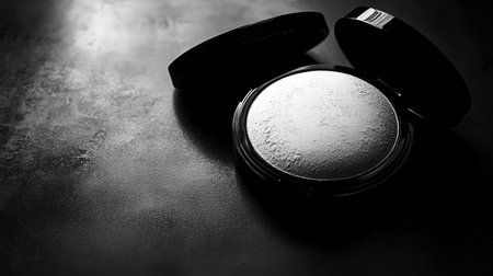 A sleek black compact with powder resting on a dark surface, showcasing minimalist beauty and elegance, perfect for cosmetic photography and makeup artistry.の素材