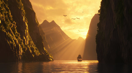 Experience the breathtaking beauty of a sunset over tranquil waters nestled between towering cliffs, where nature's serenity meets the spirit of adventure, creating a perfect escape.の素材