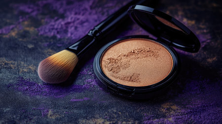 A stunning close-up of a makeup powder compact alongside a soft brush, set against a vibrant purple background, ideal for beauty and cosmetic themes.の素材