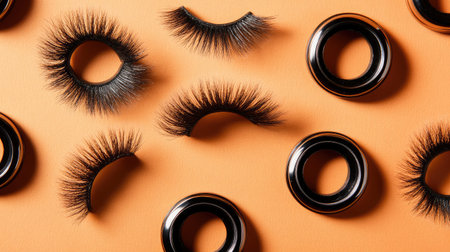 Discover a vibrant collection of stylish false eyelashes on a bright orange background, perfect for enhancing your eye makeup and achieving a glamorous look effortlessly.の素材