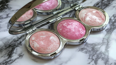 A stunning makeup palette featuring blush and highlighter, artfully displayed on a sleek marble surface, showcasing radiant colors ideal for beauty lovers and professionals.の素材