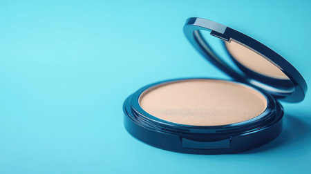 This image features an elegantly open compact powder case against a vibrant blue background, perfect for showcasing beauty and makeup products in a stylish and fresh manner.の素材