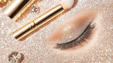 Stunning close-up of a glamorous false eyelash with glitter on a sparkling surface, complemented by a makeup brush, depicting beauty and creativity in cosmetics.の素材