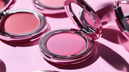This image showcases a stylish round compact blush in vibrant pink. The soft pink background enhances the beauty and modern aesthetic of this essential cosmetic item.の素材