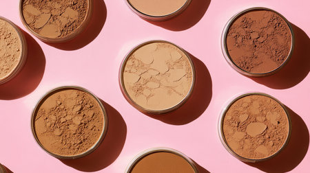 This image features a stylish arrangement of makeup powders in round containers resting on a soft pink background. The varied textures and colors highlight beauty and cosmetic themes.の素材