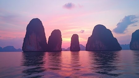 Experience the breathtaking beauty of a serene sunset illuminating majestic limestone peaks, their reflections dancing on calm waters, creating a tranquil and picturesque seascape.の素材