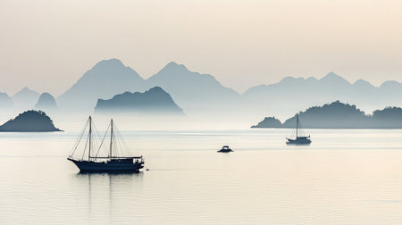 A serene morning view capturing sailboats on calm waters surrounded by rugged, misty mountains, creating a beautiful and tranquil landscape perfect for relaxation.の素材
