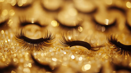 Stunning close-up of false eyelashes on a golden background, exuding luxury and glamour, ideal for beauty and fashion projects, showcasing elegance and artistry.の素材