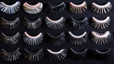 A stunning collection of artificial eyelashes arranged neatly on a dark surface, highlighting diverse styles that elevate beauty and makeup creativity. Perfect for beauty enthusiasts.の素材