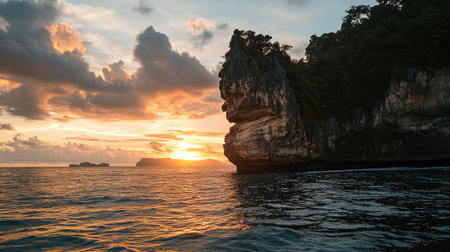 Captivating view of a unique rock formation at sunset, reflecting warm hues across calm ocean waters, showcasing the beauty of untouched nature in a tranquil coastal setting.の素材