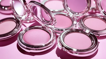 A collection of pink cosmetic blush compacts beautifully arranged on a pink surface. Perfect for beauty enthusiasts seeking vibrant makeup options and aesthetic visuals.の素材