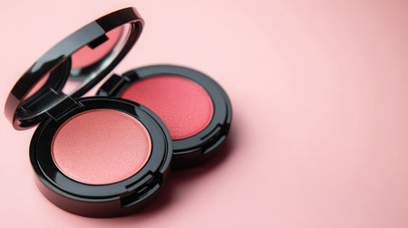 Discover a pair of elegant blush compacts in soft pink and coral hues, set against a delicate pastel background, ideal for promotional beauty content and creative projects.の素材