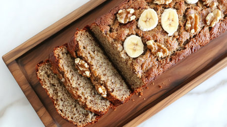 A moist banana bread topped with fresh banana slices and walnuts, beautifully presented on a rustic wooden board, perfect for sharing or enjoying alone.の素材