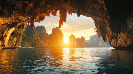 Experience the tranquil beauty of a stunning sunset illuminating a cavern with rocky outcrops, reflecting on calm waters in a tropical paradise.の素材