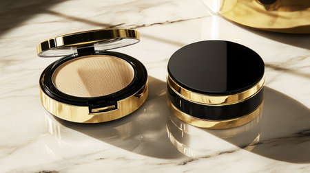Elegant makeup compacts with gold detailing are displayed on a marble surface, capturing soft light and reflections, ideal for beauty promotions or editorial content.の素材