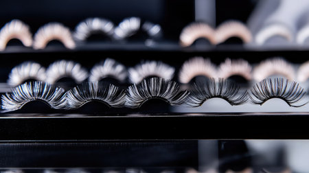 A detailed close-up image featuring an array of false eyelashes on a sleek black shelf, showcasing diverse styles and textures suitable for enhancing eye beauty in makeup routines.の素材