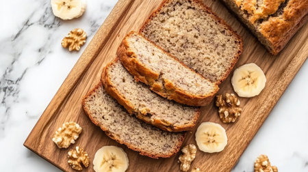 A tempting view of freshly baked banana bread sliced and arranged on a wooden board. Accented with walnuts and dried banana chips, perfect for any meal.の素材