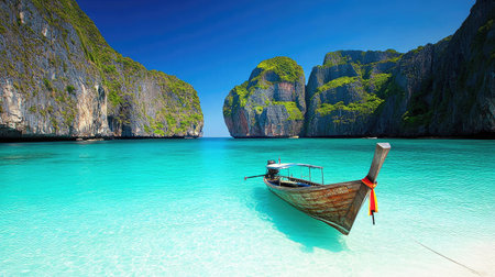 Experience the beauty of a tranquil tropical beach with a traditional boat resting on clear waters, surrounded by breathtaking cliffs and lush greenery under a radiant sky.の素材