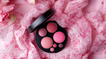 A beautiful makeup palette featuring various shades of blush is nestled among soft pink fabric and delicate flowers, creating a stunning visual for beauty enthusiasts and photographers.の素材