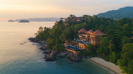 Experience a stunning aerial view of a luxurious resort nestled on a tropical island, surrounded by calm waters and lush greenery during the enchanting golden hour.の素材