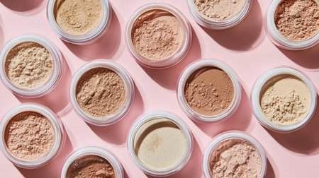 A collection of loose powder makeup in clear jars displayed on a soft pink background, showcasing various shades for beauty enthusiasts and professional makeup artists.の素材