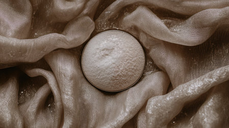 A captivating flat lay image featuring a round compact powder placed on soft, textured fabric. This composition is ideal for beauty, cosmetics, and elegant design inspirations.の素材