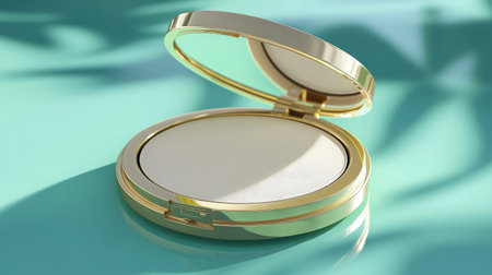 This image features a beautifully crafted open compact mirror with a golden finish resting on a soft green surface, casting delicate shadows, ideal for beauty and skincare visuals.の素材