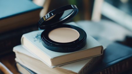 A stylish compact foundation sits on a stack of vintage books, highlighting a blend of beauty and literature, perfect for makeup lovers and creatives seeking inspiration.の素材
