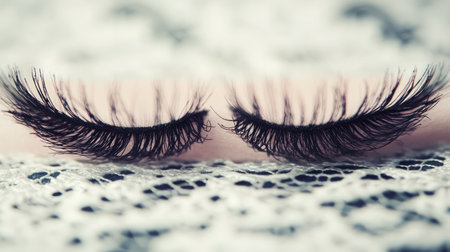 Explore the elegance of false eyelashes resting on a delicate lace background, perfect for conveying beauty and sophistication in makeup photography and marketing visuals.の素材