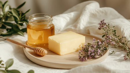This serene composition features a jar of honey, a bar of soap, and fresh herbs on a wooden plate, creating a tranquil atmosphere perfect for wellness and relaxation.の素材