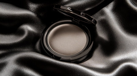 A stunning compact powder placed on silky satin fabric, exemplifying elegance and beauty. Ideal for showcasing cosmetic products in a sophisticated style.の素材