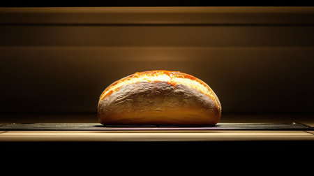 A beautifully baked loaf of artisan bread is showcased on a dark surface, illuminated to highlight its crust and texture, perfect for food photography and culinary art.の素材