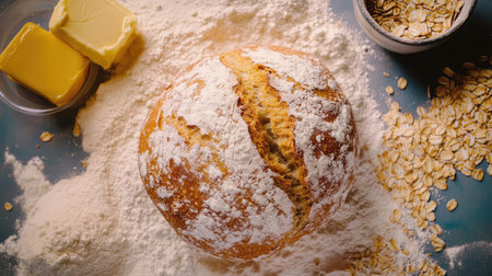 A beautifully baked artisan loaf rests on a surface sprinkled with flour and accompanied by butter and oats, ideal for culinary inspiration and baking aesthetics.の素材