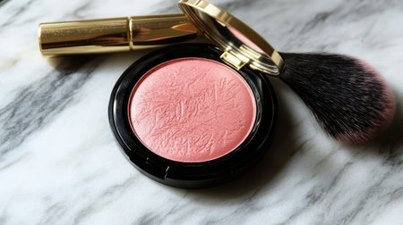 This stunning image showcases a vibrant pink blush compact, a soft brush, and a luxurious lipstick placed elegantly on a marble surface, perfect for beauty enthusiasts.の素材