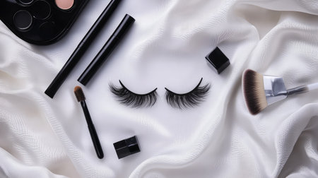 A beautiful flat lay arrangement showcasing false eyelashes and various makeup tools on soft white fabric. Ideal for beauty enthusiasts and cosmetic professionals.の素材