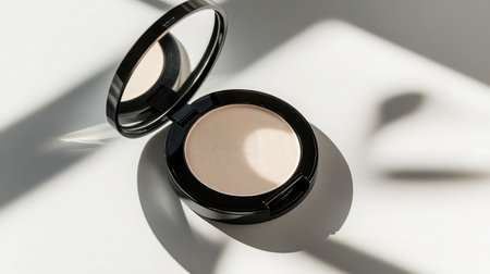 This image showcases a chic makeup compact featuring a soft illuminating powder, highlighting beauty and minimalism with elegant reflections and shadows. Perfect for beauty enthusiasts.の素材