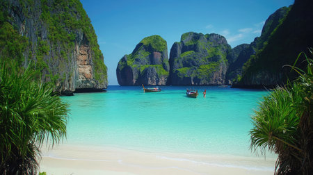 Experience a breathtaking tropical scene featuring a serene beach, clear turquoise waters, and dramatic limestone cliffs under a bright, sunny sky, perfect for relaxation and adventure.の素材