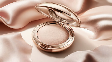 Elegant compact highlighter powder resting on soft satin fabric, perfect for showcasing beauty, makeup artistry, and luxurious cosmetic products in a stunning visual presentation.の素材
